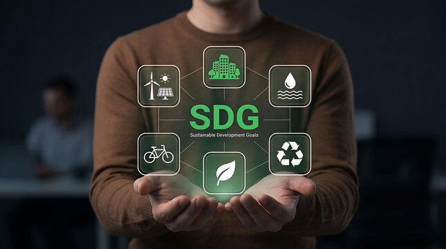 Hands touching sustainable development goal icons on dark background