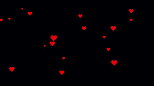 Realistic heart shapes floating on black background. Flying love icon concept valentines day. Seasonal valentine holiday. Like hearts live chat stream. Bright red hearts moving from bottom to top.