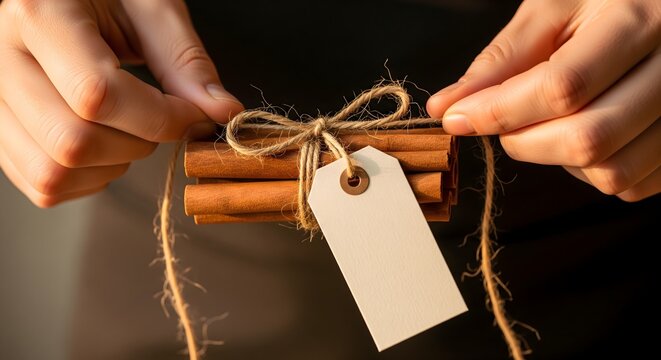 Hands holding a bundle of cinnamon sticks with a blank gift tag label