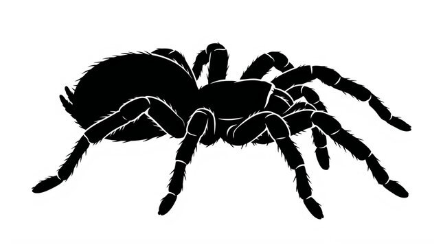 Tarantula silhouette stands in profile against a plain white background to display its arachnid form.