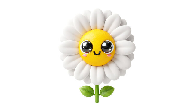 Kawaii daisy flower character with smiling face. Cute 3D render of a happy white chamomile. Floral mascot for kids design.