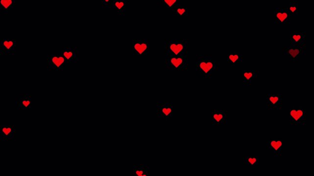 Realistic heart shapes floating on black background. Flying love icon concept valentines day. Seasonal valentine holiday. Like hearts live chat stream. Bright red hearts moving from bottom to top.