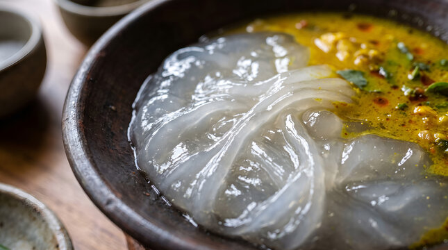 Macro view of glossy papeda sago texture with traditional fish broth, useful for culinary publishing, food advertising, Indonesian cuisine education, and restaurant promotion.