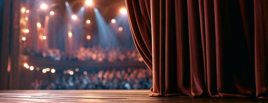 Stage curtain opening to audience with bright lights in theater  