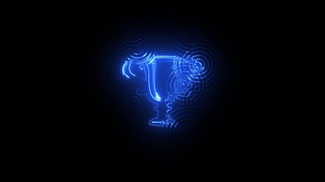 Glowing blue neon trophy with rippling water effect animation success