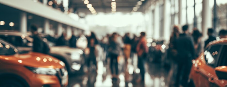 Blurred crowd of people exploring cars inside a dealership  