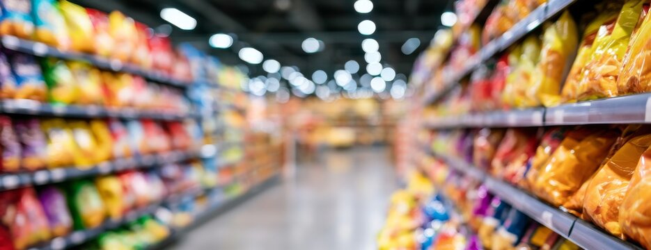 Blurred view of colorful snack shelves in a supermarket aisle  