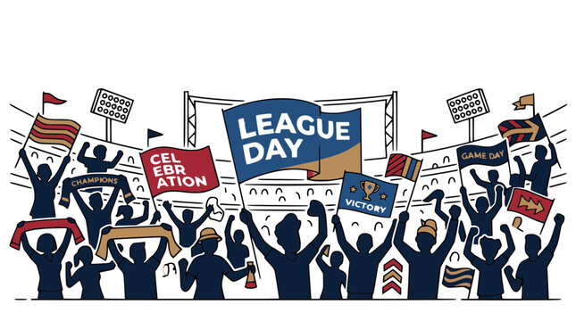 Crowded Stadium Fans Cheering with Flags and Banners Celebrating Victory on League Day Championship