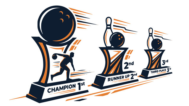 Set of bowling tournament trophies for first, second, and third place champions in modern flat style