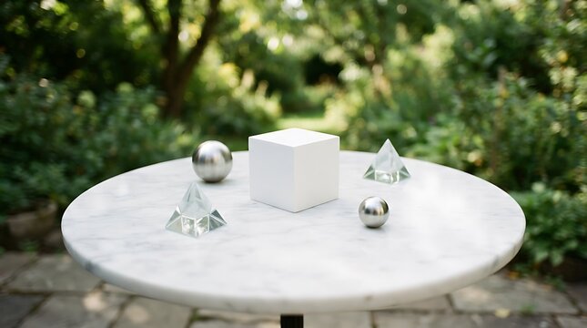 Geometric shapes including a white cube, metal spheres, and glass pyramids on a marble table
