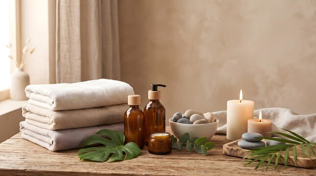 Spa wellness composition with folded towels, candles and amber bottles on wooden table. Luxury relaxation still life with tropical leaves, stones, soap and warm natural lighting series