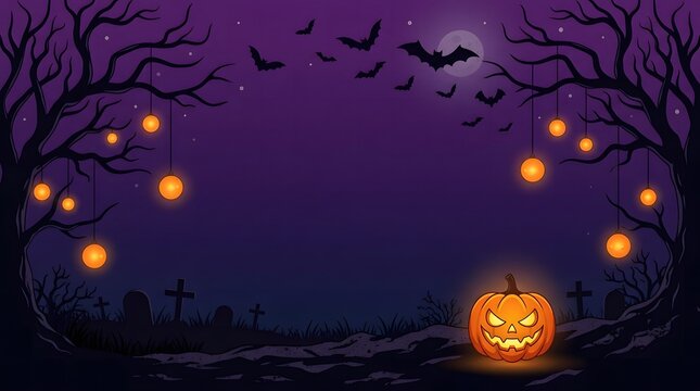 A festive happy halloween background featuring a glowing jack o lantern and spooky trees under a full moon