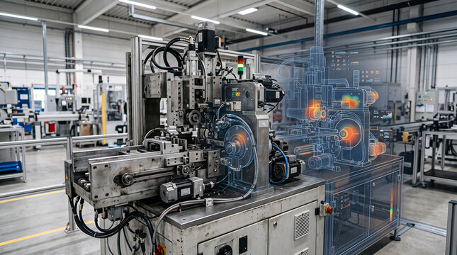 Industrial machine paired with a digital twin for predictive maintenance, condition monitoring, and equipment optimization in modern smart manufacturing environments.