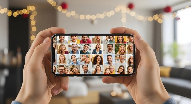 Hands holding a smartphone showing a group video call with many people