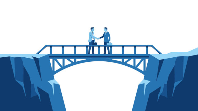 Businessmen shaking hands across a bridge connecting cliffs