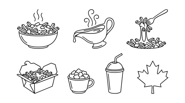 Traditional Canadian Poutine Fast Food Vector Icon Set Featuring French Fries, Cheese Curds, Gravy Boat, Takeout Box, and Maple Leaf Symbols
