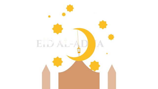 Animated crescent moon and mosque for eid al-adha celebration