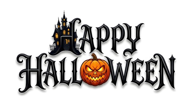 Decorative happy halloween text design featuring a spooky haunted castle and a glowing carved orange pumpkin jack o lantern