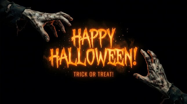 Scary zombie hands reaching towards a glowing fire text sign that says happy halloween on black background