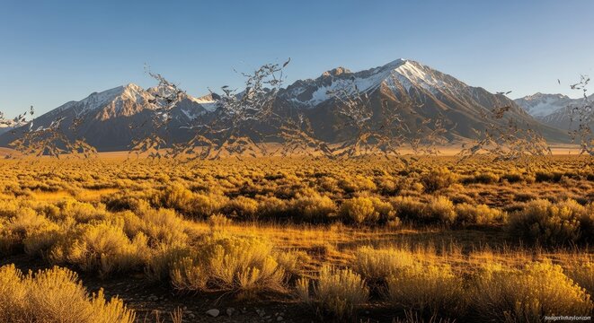 Golden Hour Light on Eastern Sierra Nevada Mountains and Owens Valley Landscape.