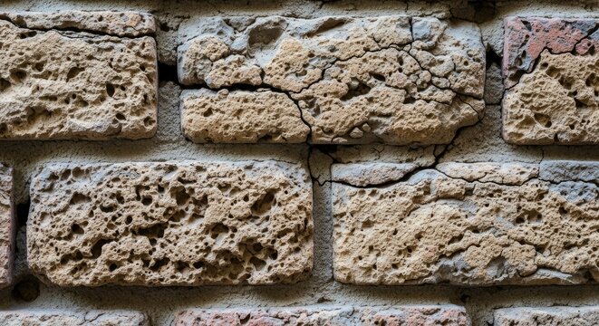 Close-up of weathered and cracked brick wall texture, showing signs of age and decay.