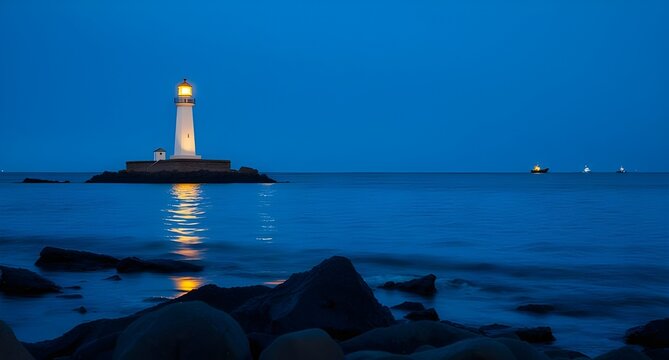 lighthouse in the sea at night 