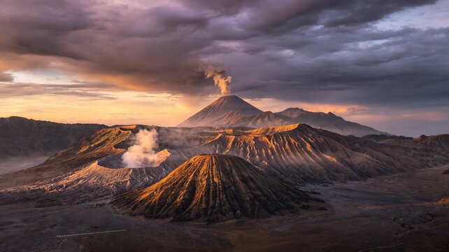 Majestic Mount Bromo Volcano at Dramatic Sunrise with Smoking Crater