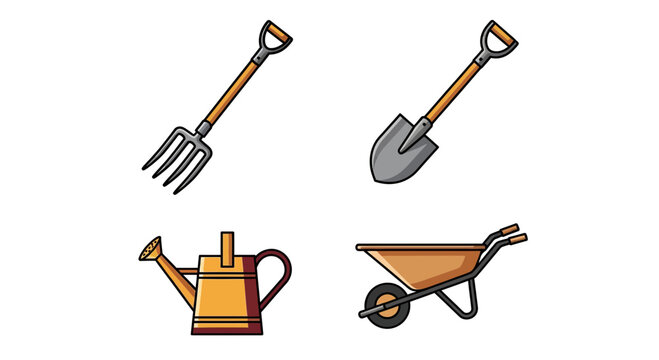 Autumn garden tool icon set with shovel fork and wheelbarrow