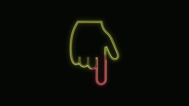  Backhand Index Pointing Down Icon Neon Seamless Loop 4K with Black Background Animated Promotional Typography for Video Editing