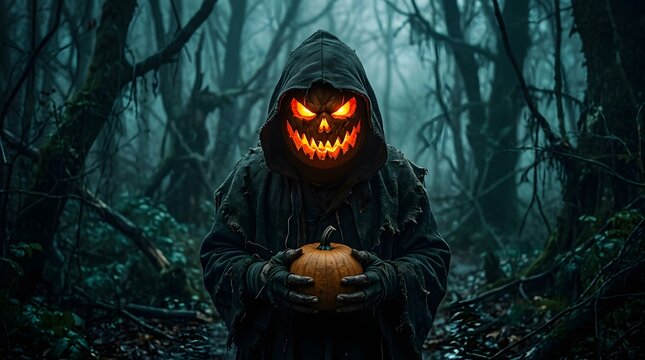 A spooky hooded figure with a glowing pumpkin head standing in a dark misty forest for happy halloween