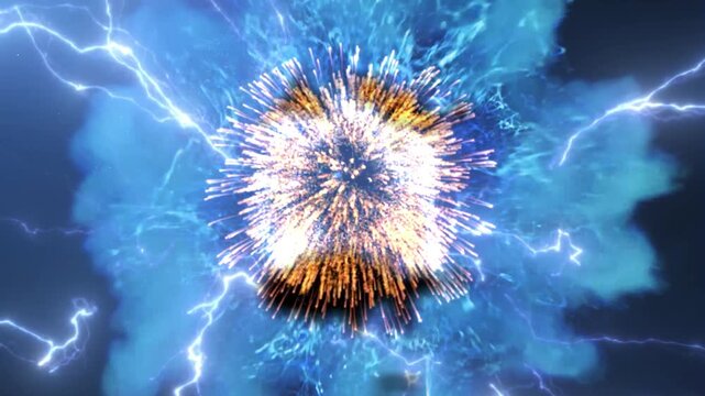Cosmic energy burst combines blue lightning bolts and a golden particle explosion on a dark background.