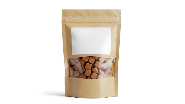 Brown paper pouch bag with a clear window filled with small square snacks for healthy food branding