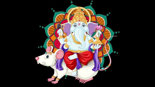 Animated Elephant Deity Ganesha Riding a White Rat on Black Background