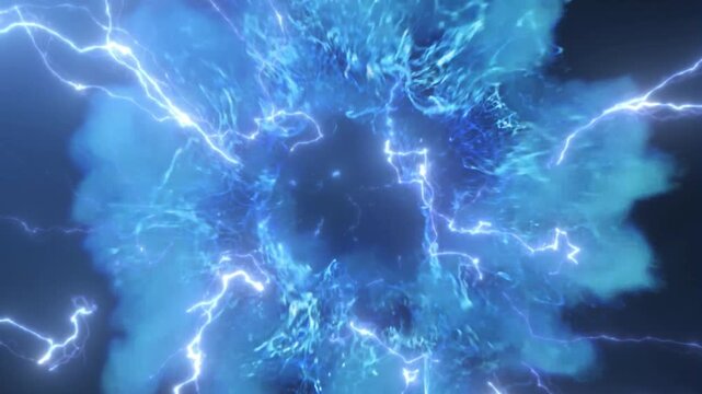 Blue electric energy burst emits bright lightning strikes around a central vortex.