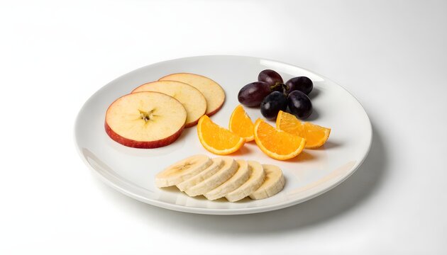 Sliced fruits including apple, banana, orange, and grapes on a white plate
