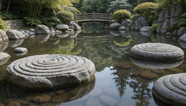Serene japanese garden with circular stone and wooden bridge