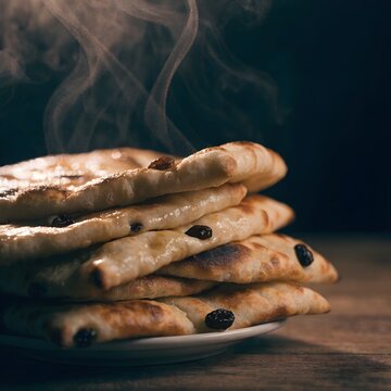Stack of warm, steaming raisin flatbreads on a wooden surface