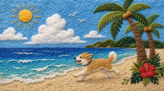季節の風景。フェルトと刺繍で表現した夏の情景。ヤシの木がある海岸を楽しそうに走る犬。太陽の光がふりそそぎ、ハイビスカスの花が鮮やかな夏休み。