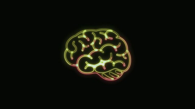  Brain Icon Neon Seamless Loop 4K with Black Background Animated Promotional Typography for Video Editing