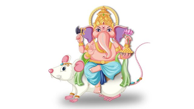 Animated Lord Ganesha Sitting on a White Rat with White Background