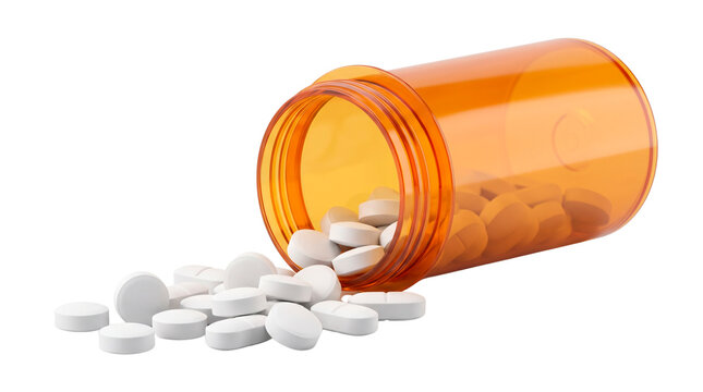 Amber Prescription Bottle Spilling White Tablets on Pure White Background