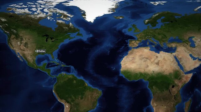 Animated World Map Showing Flight Route from Dallas to Helsinki