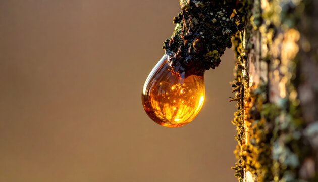 Golden resin drop hanging from rough tree bark.