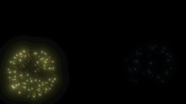 Fireworks burst with golden and blue light on a black background.