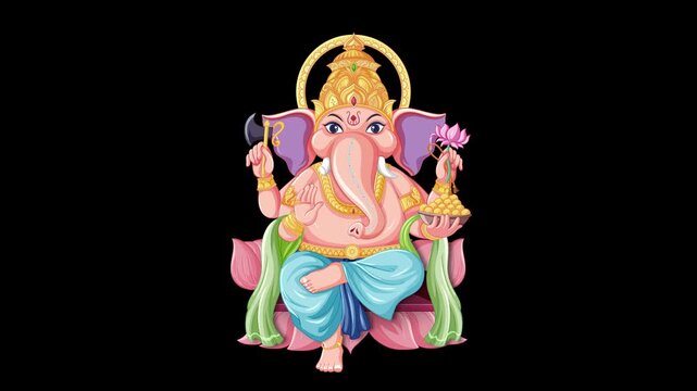 Animated Hindu Deity Ganesha Sitting on Pink Lotus with Black Background