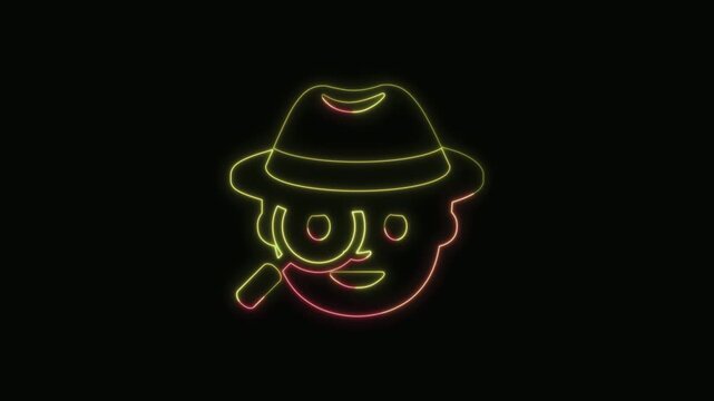 Detective Icon Neon Seamless Loop 4K with Black Background Animated Promotional Typography for Video Editing