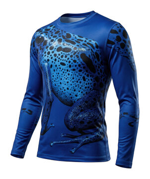 Blue athletic long sleeve performance shirt with poison frog print isolated transparent background image
