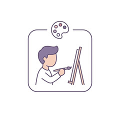Fototapeta premium Young boy artist painting on canvas with palette.