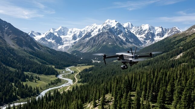 Drone capturing aerial footage of snowy mountain peaks