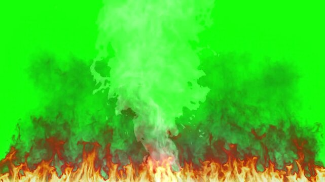 Fire flames burn intensely at the base of the frame with rising smoke against a bright green screen background.